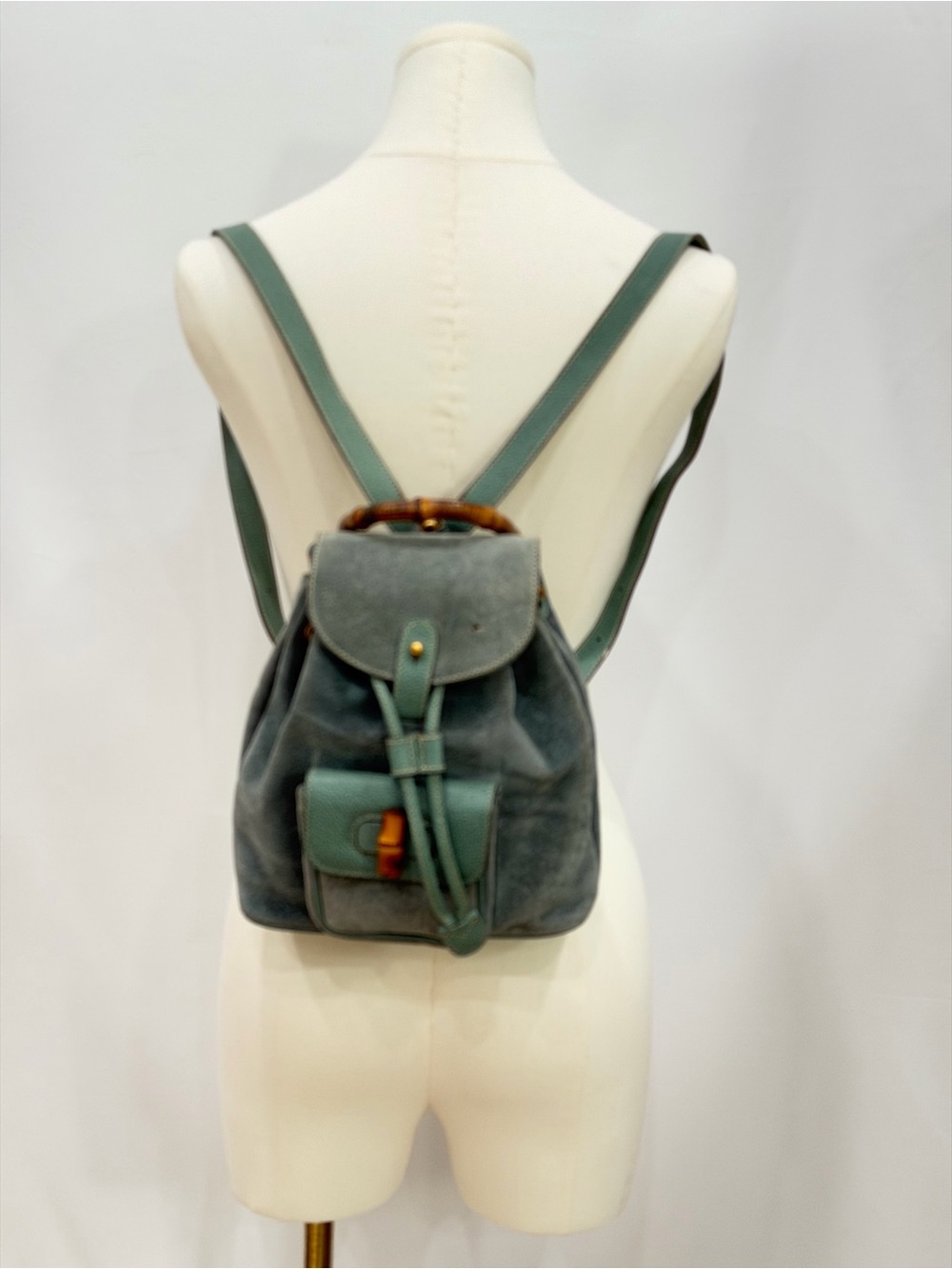 Gucci Vintage Bamboo Mini Backpack Teal Suede 003 2058 0030